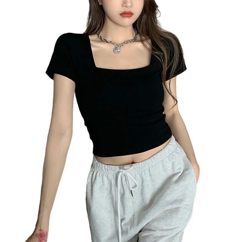 Women Short Sleeve Crop Tops Solid Color Square Neck Basic T-shirts