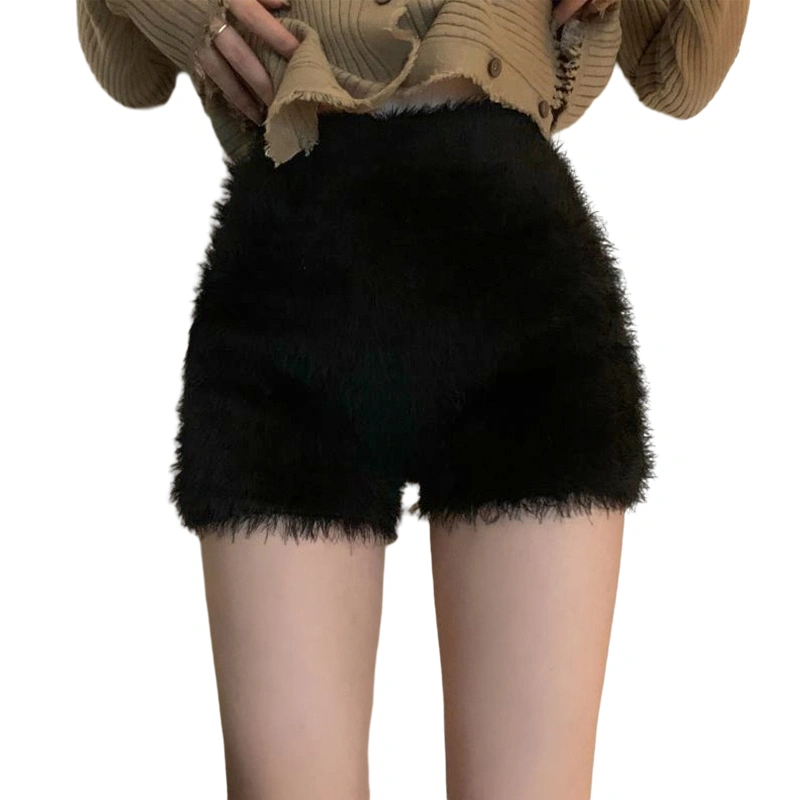 Women Winter Shorts Elastic High Waist Soft Furry Slim Fit Short Pants