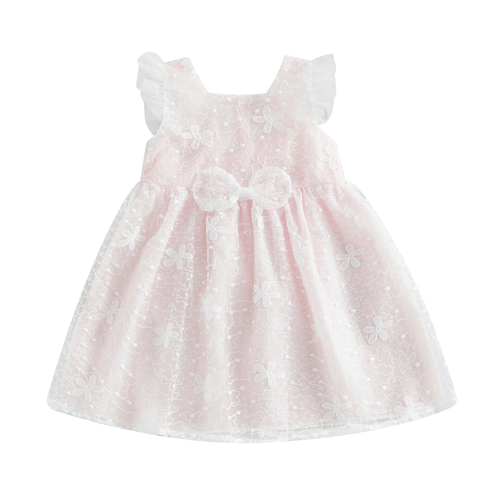 Baby Girls Sleeveless O Neck Lace Floral Dress with Bow Decor