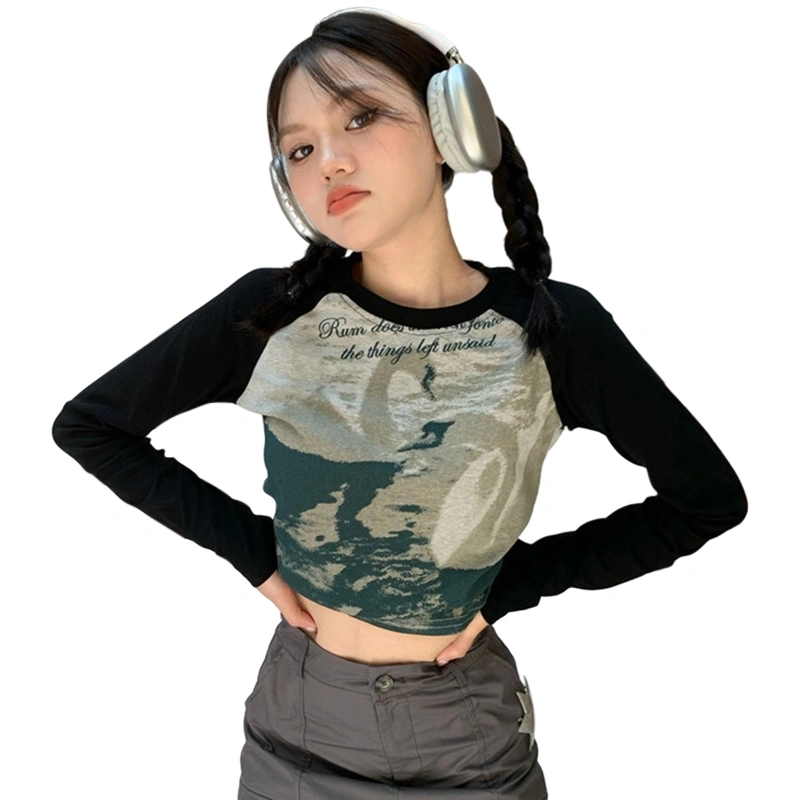 Women's Slim Fit Raglan Tops, Vintage Swan Print Long Sleeve T-Shirts