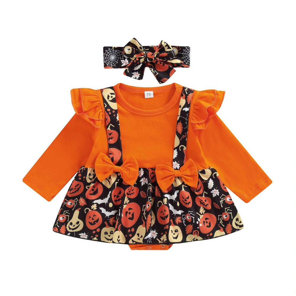 Baby Girl’s Halloween Printed Fake-two Long Sleeve Romper & Headband