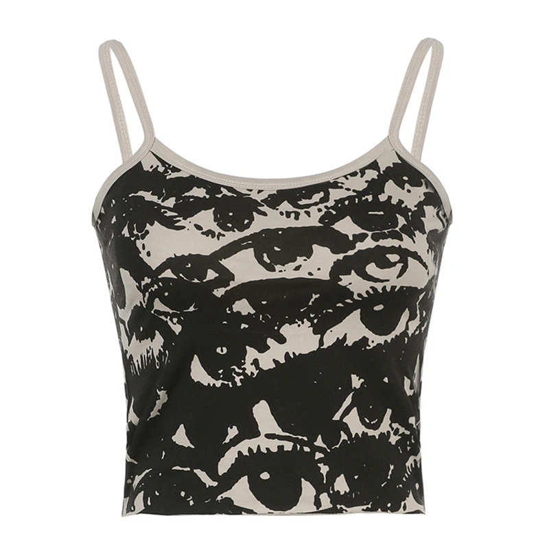 Women Crop Vest Tops Sleeveless Off Shoulder Sling Print Casual Shirt 