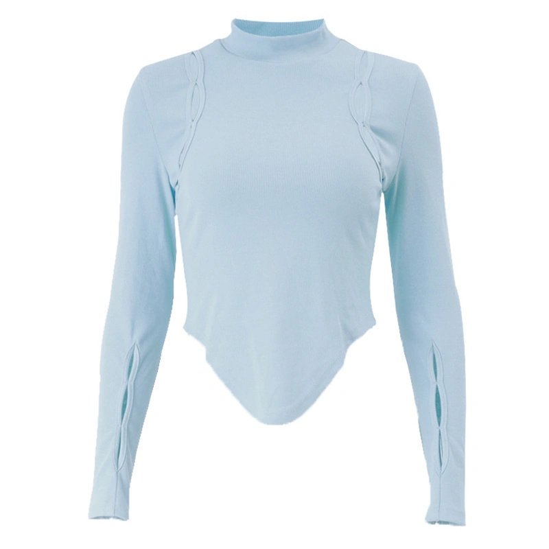 Women Trendy T-Shirt, Solid Color Mock Neck Cutout Long Sleeve Tops