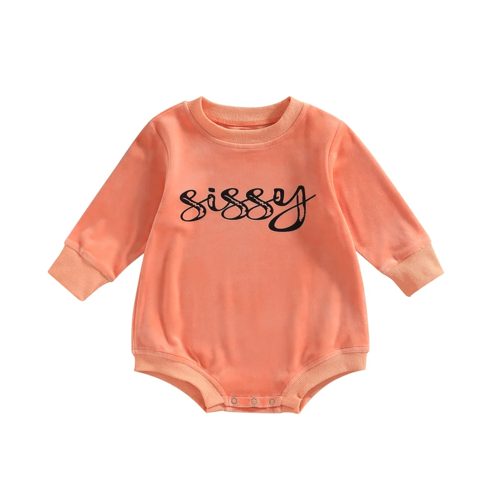 Infant Romper, Orange Letters Print Long Sleeve Crew Neck Jumpsuit