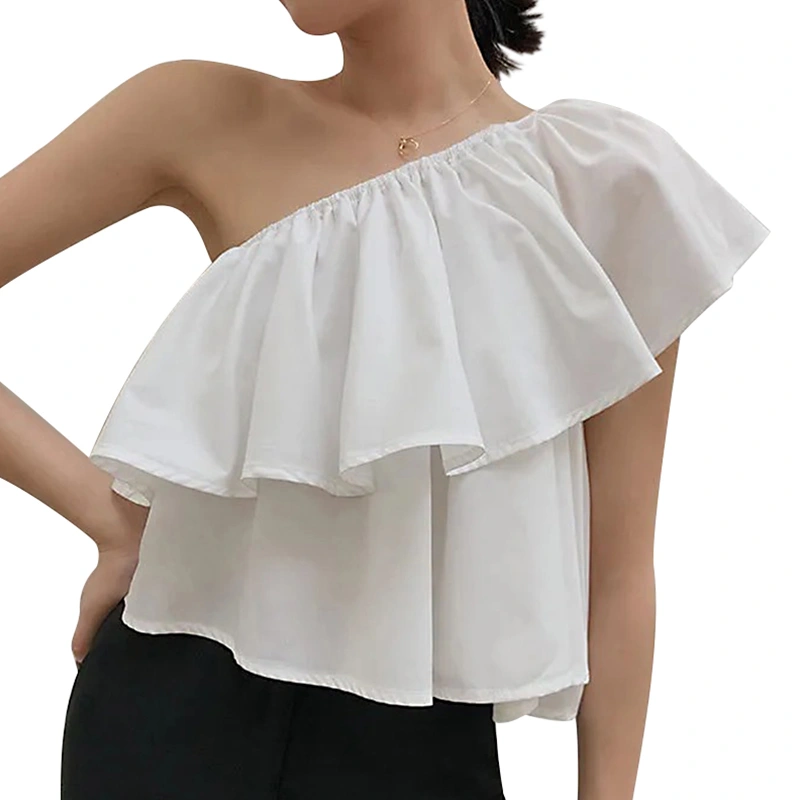 Women's Summer Solid Color Slash Neck One Shoulder Ruffle T-shirt