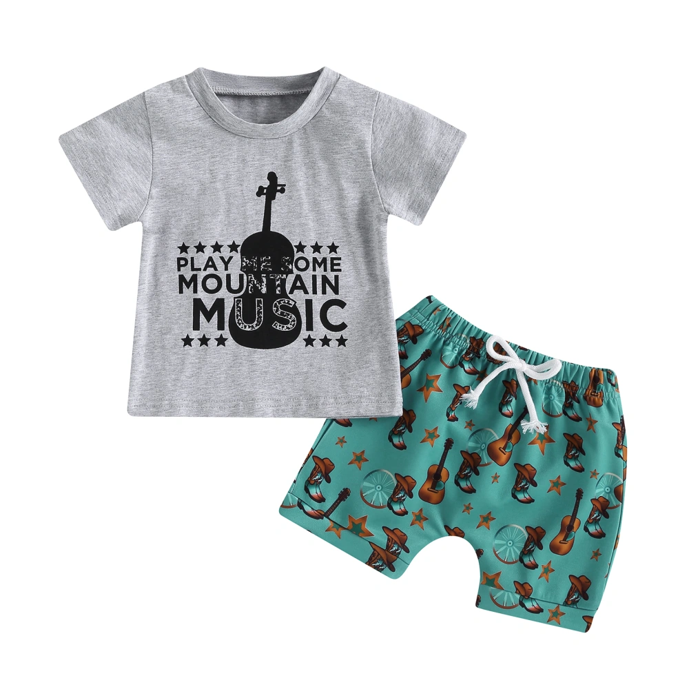 Baby Boys Shorts Set, Letters Guitar T-shirt + Boots Print Shorts