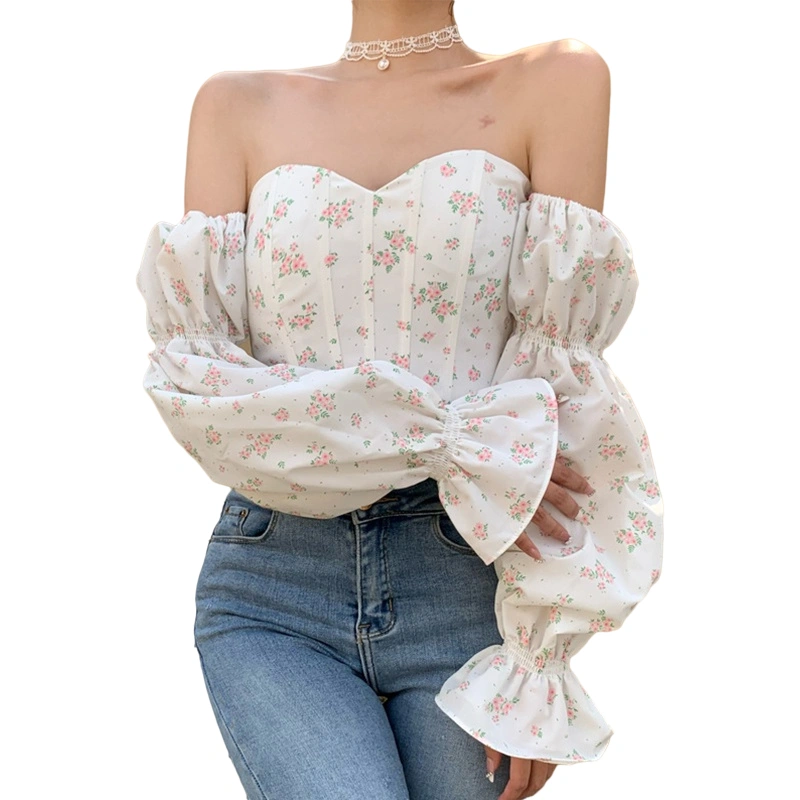 Women Tops Long Sleeve Off-shoulder Flower Print Slim Fit Tops