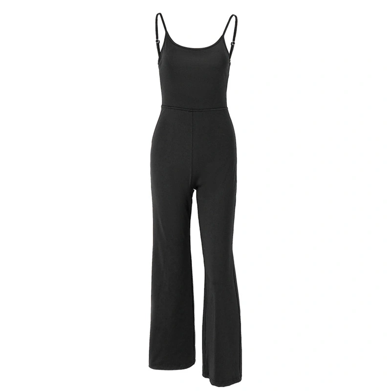 Women Slim Fit Jumpsuit, Black Solid Color Spaghetti Strap Overalls