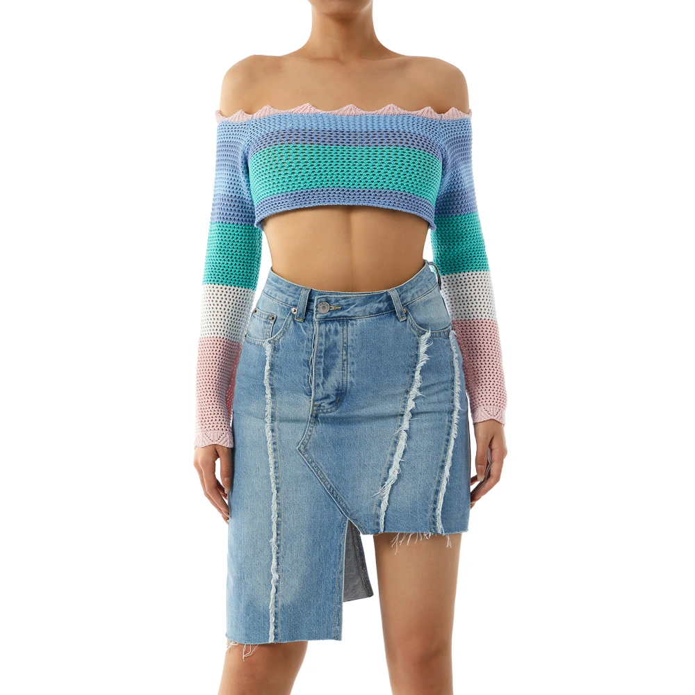 Women Knitted Crop Tops Off Shoulder Long Sleeve Contrast Color Shirts