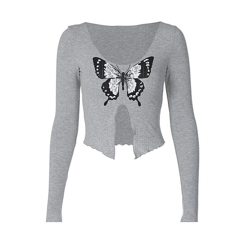 Women's Cropped Tops Butterfly Pattern Long Sleeve Slit Grunge Shirts