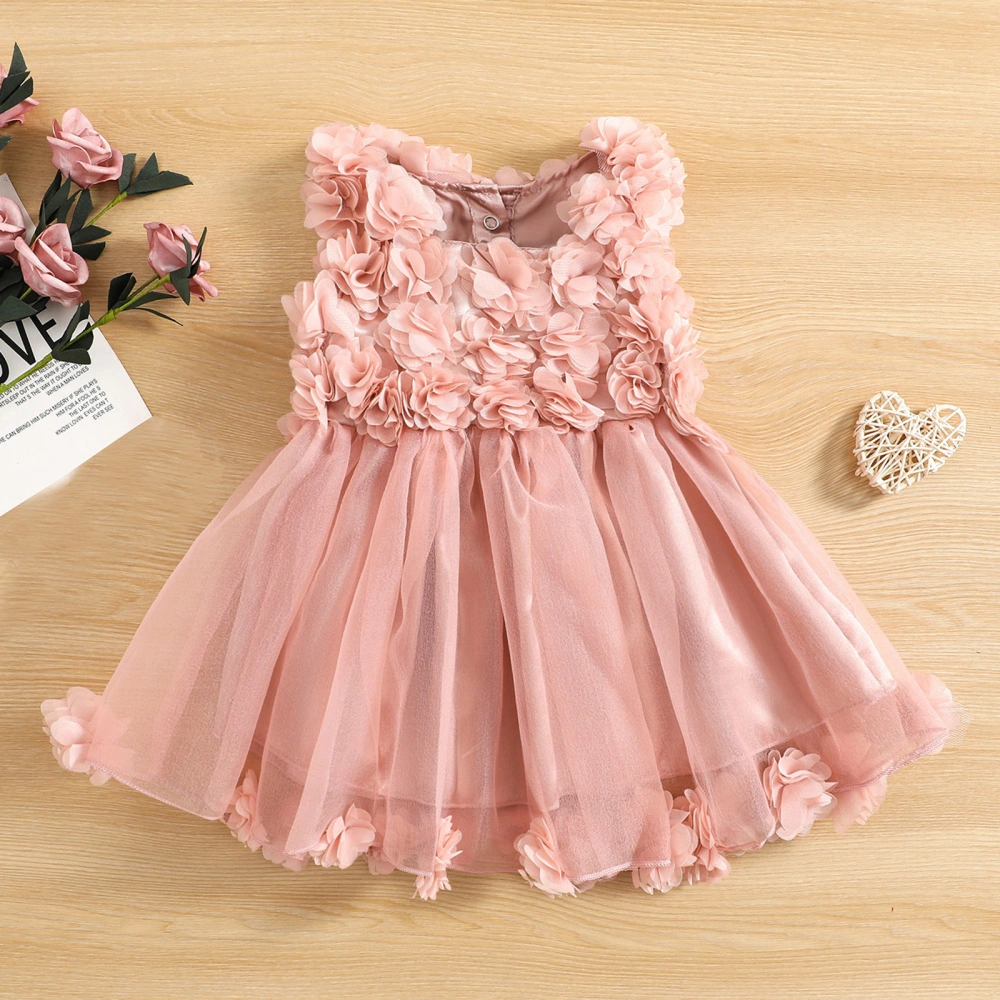 Baby Girls Summer Sleeveless Dress, Solid Color 3D Petal Mesh Dress