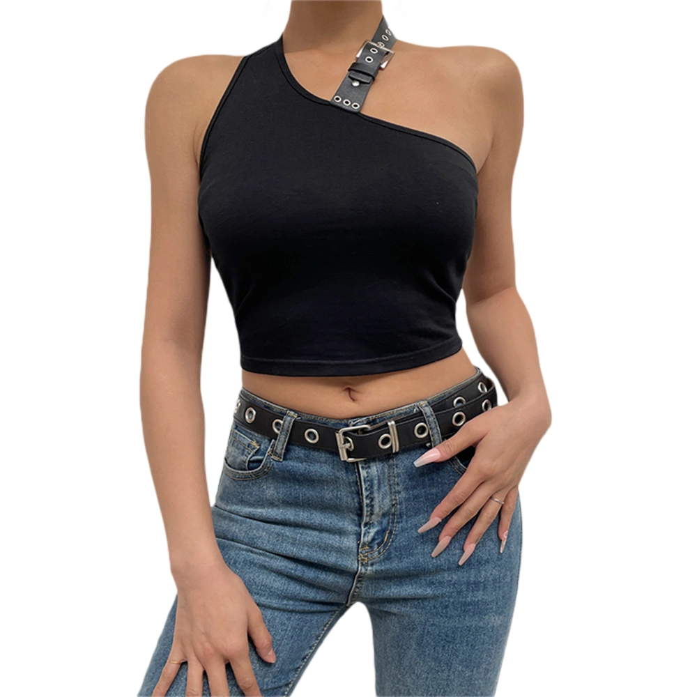 Women Bodycon Tank Tops, Black Solid Color Halter Neck Cropped Vest 