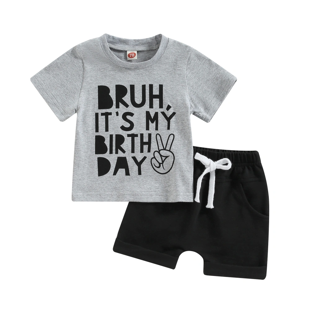 Toddler Boys Short Sleeve Letter Print Tops + Black Drawstring Shorts