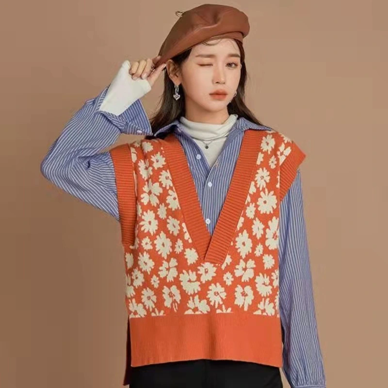 Women's Spring Knitting Waistcoat, Flower Print V-Neck Slit Vest
