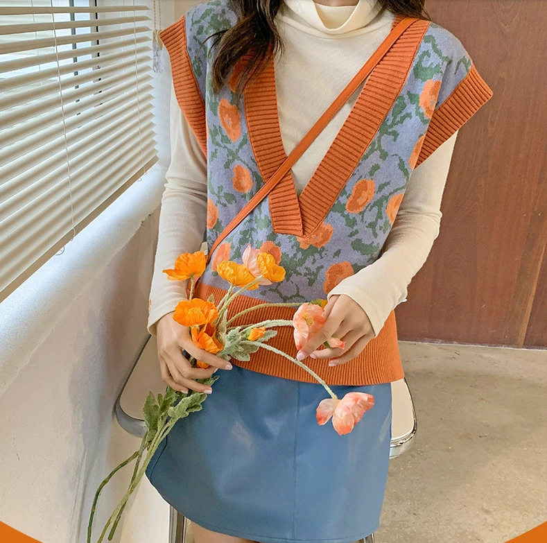 Women's Spring Knitting Waistcoat, Flower Print V-Neck Slit Vest