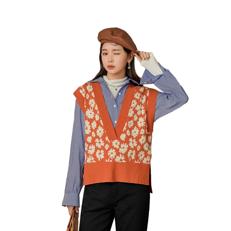 Women's Spring Knitting Waistcoat, Flower Print V-Neck Slit Vest