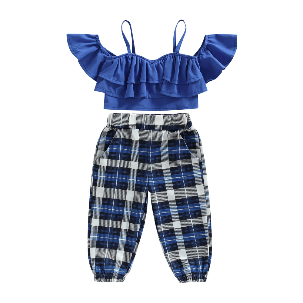 Kids Girls Summer Outfits Cold Shoulder Tops and Plaid Pants Set 