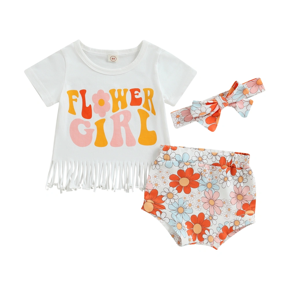 Girl Letters Tassels Tops + Floral Short Pants Outfit + Headband 