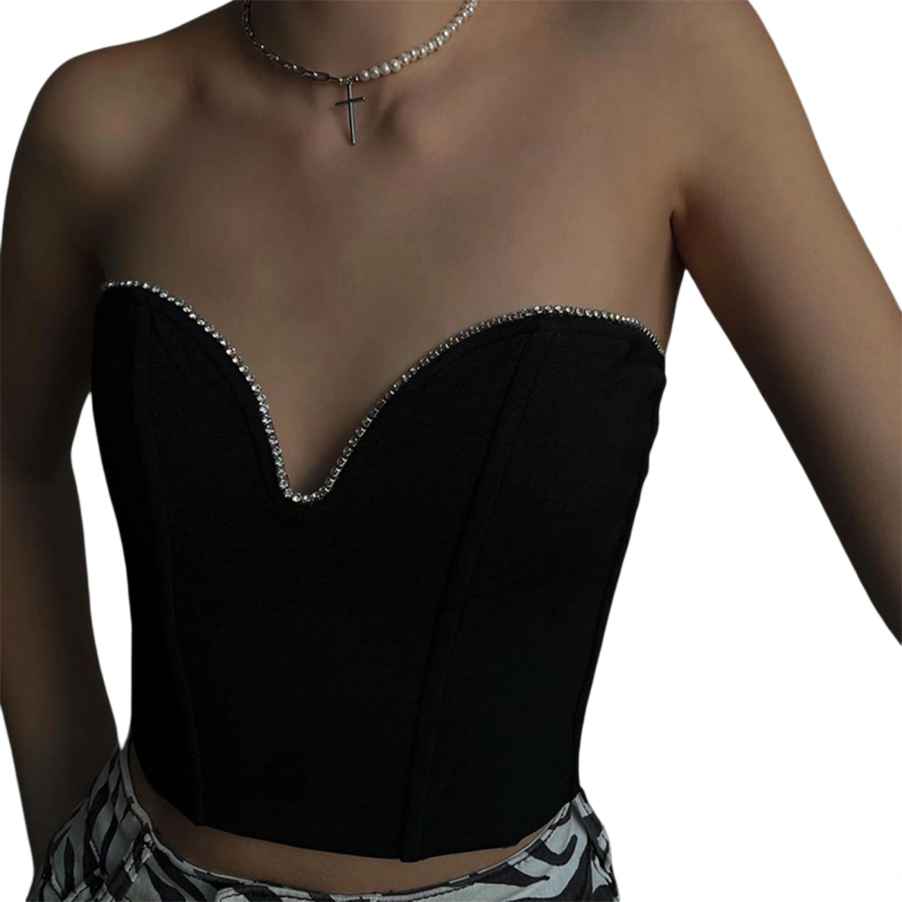 Women Summer Tube Tops, Strapless V-neck Shiny Rhinestone Vest