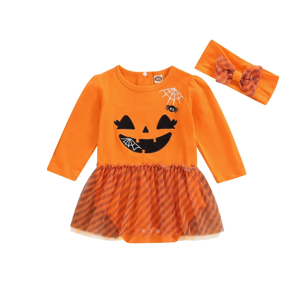 Baby Girls Halloween Romper, Long Sleeve Ghost Face Romper + Headband