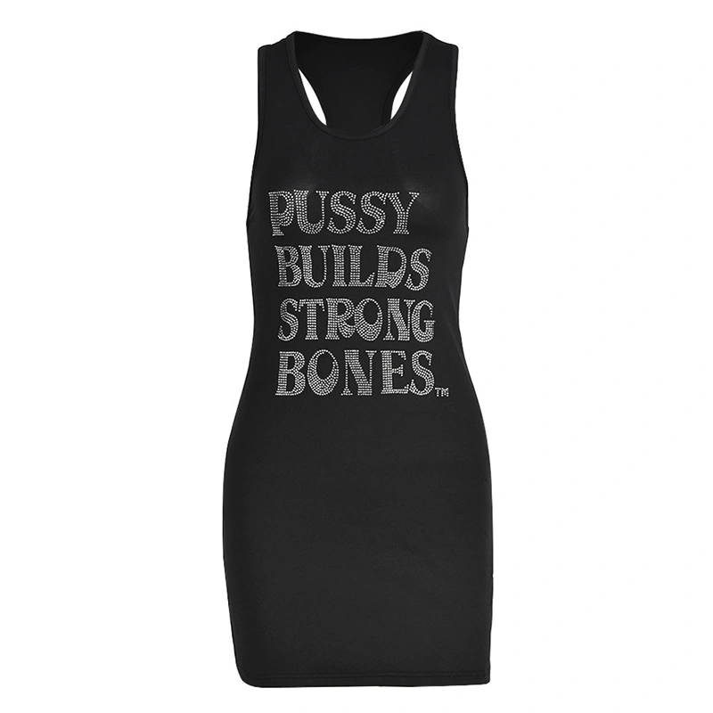 Women Wrapped Sleeveless U Neck Rhinestone Letters Pattern Dress 