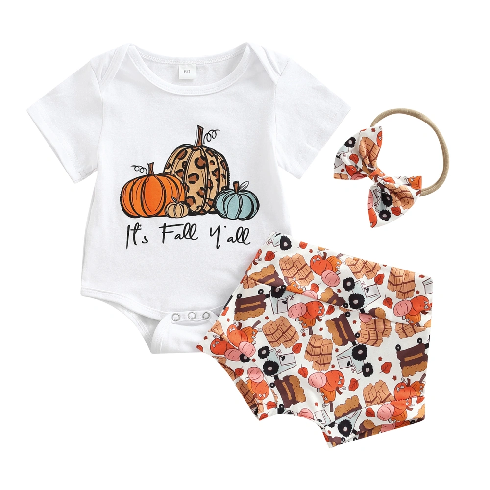 Baby Girls Halloween Outfit, Print Romper + Shorts + Headband Set