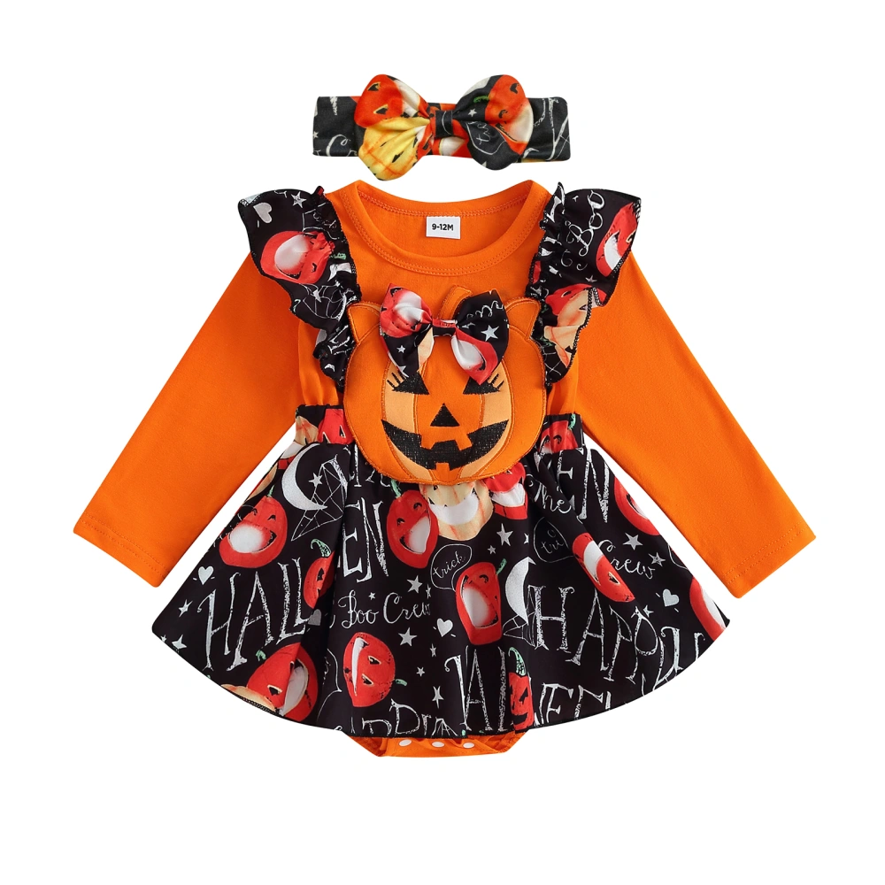 Newborn Girl Outfit, Long Sleeve Crew Neck Pumpkin Letters Print Patchwork Romper Dress with Headband Halloween Clothes