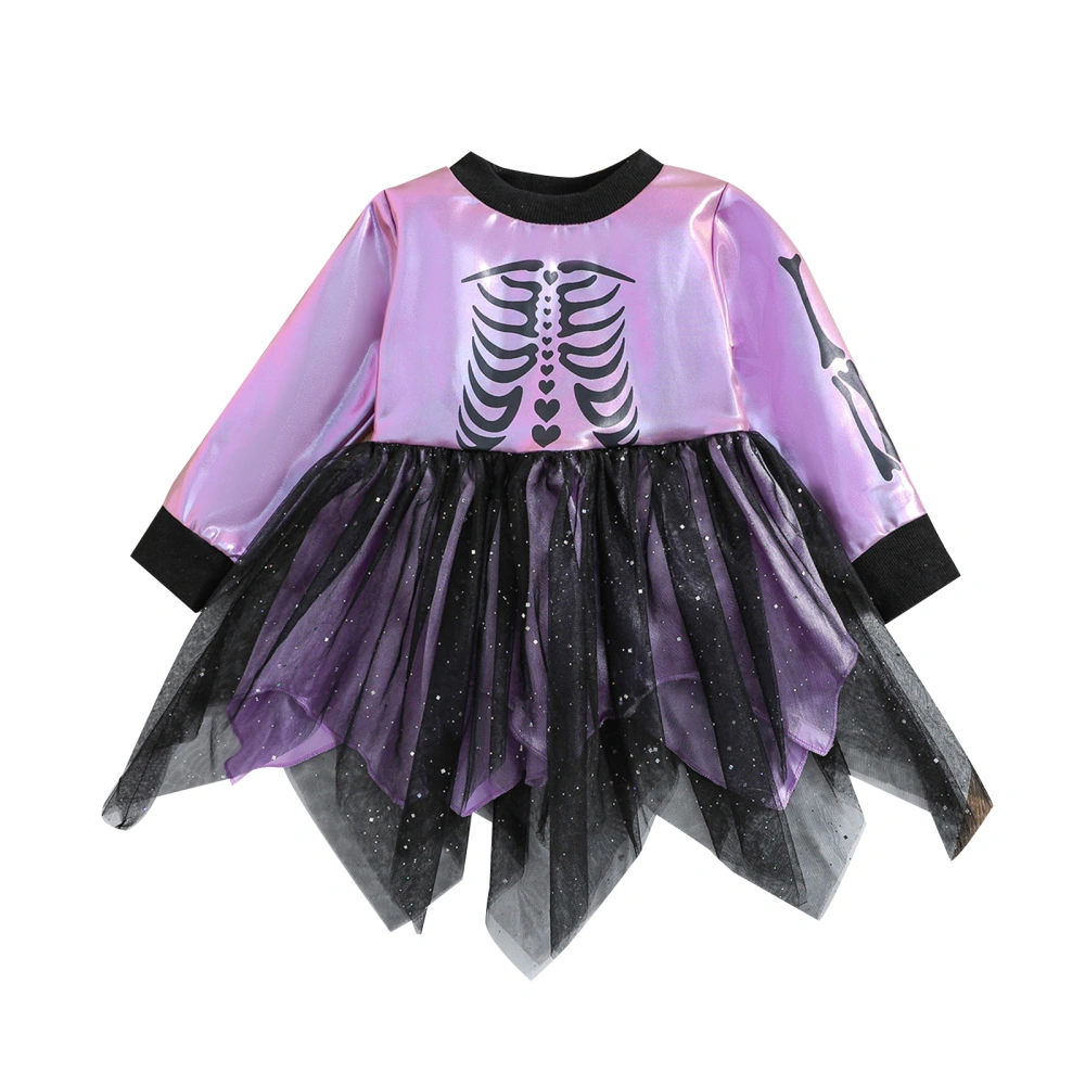 Girls Halloween Long Sleeve Skeleton Print Irregular Tulle Hem Dress