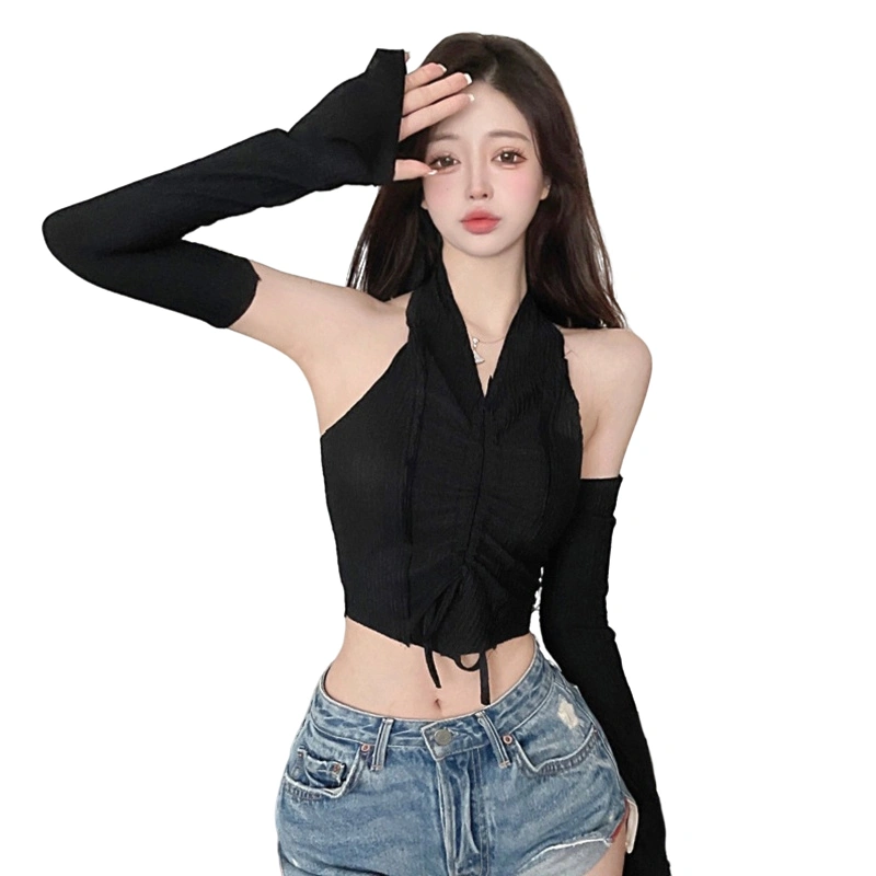 Women Vest Set Halterneck Backless Drawstring Summer Tops + Oversleeve