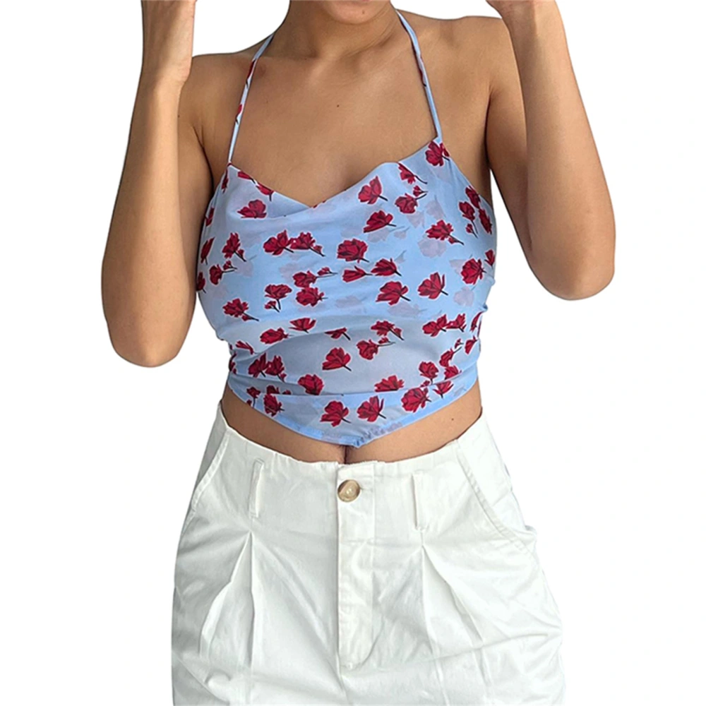 Women Bodycon Tank Tops, Blue Flower Print Cowl Neck Camisole