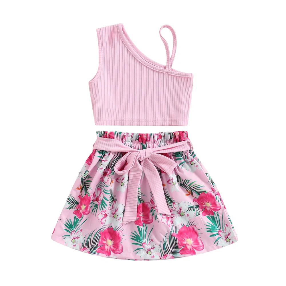 Girls Vest Tops Floral A-Lined Short Half Dress with Waist Belt  