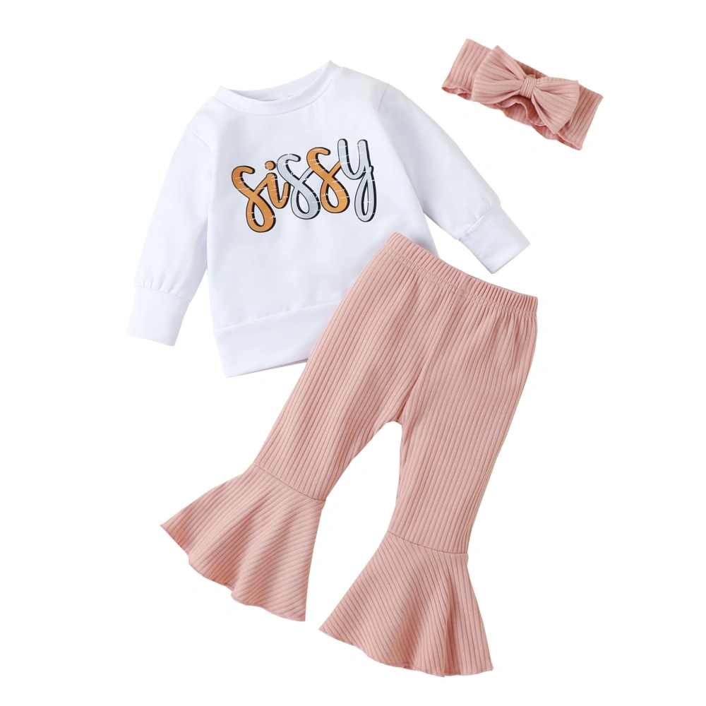 Girls 3PCS Outfits, Letters Long Sleeve Tops, Flared Pants, Headband