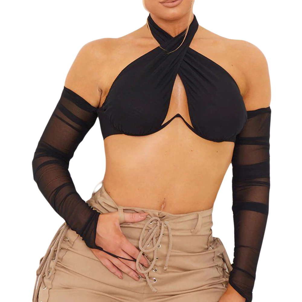 Solid Color Halter Neck Off Shoulder Long Sleeve Lacing Crop Tops