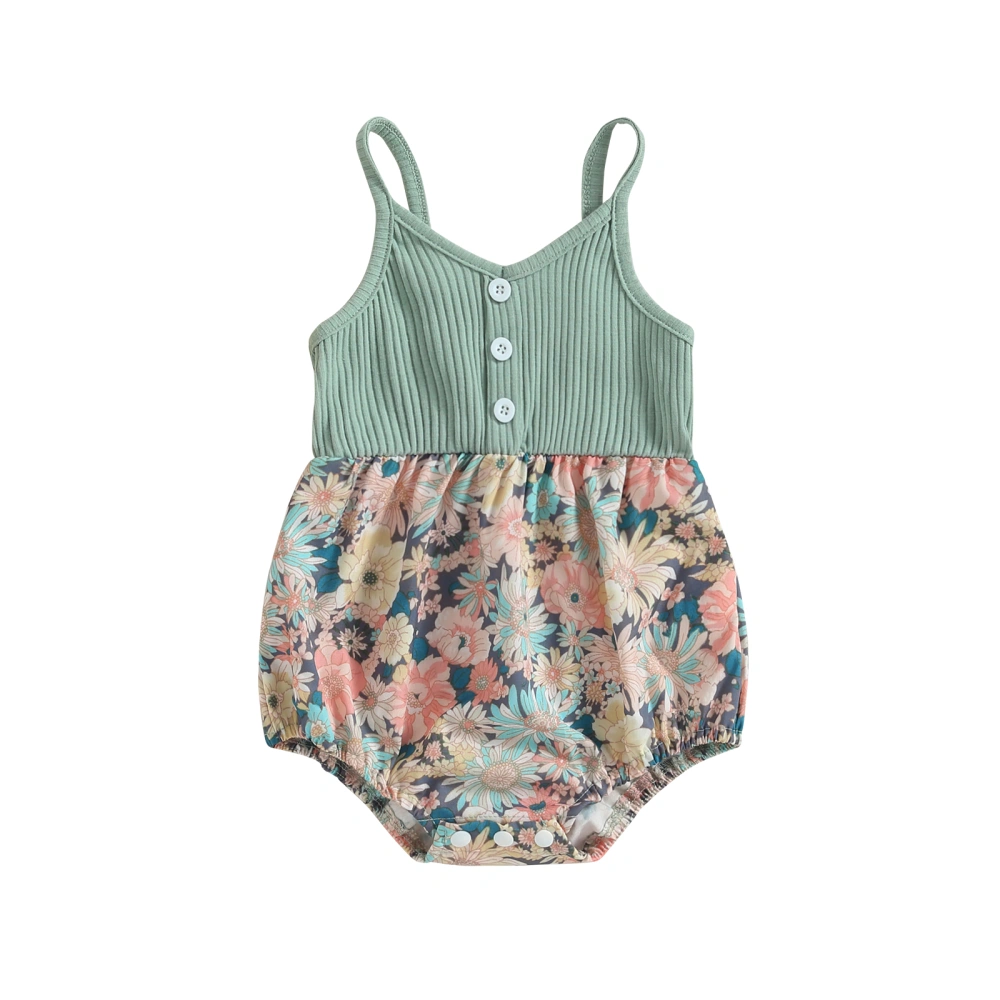 Baby Girls Summer Sleeveless Button Floral Patchwork Ribbed Romper