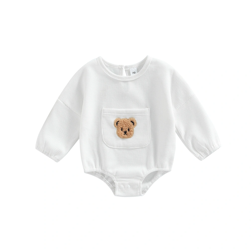 Baby Fall Romper, Long Sleeve Bear Embroidery Front Pocket Bodysuit