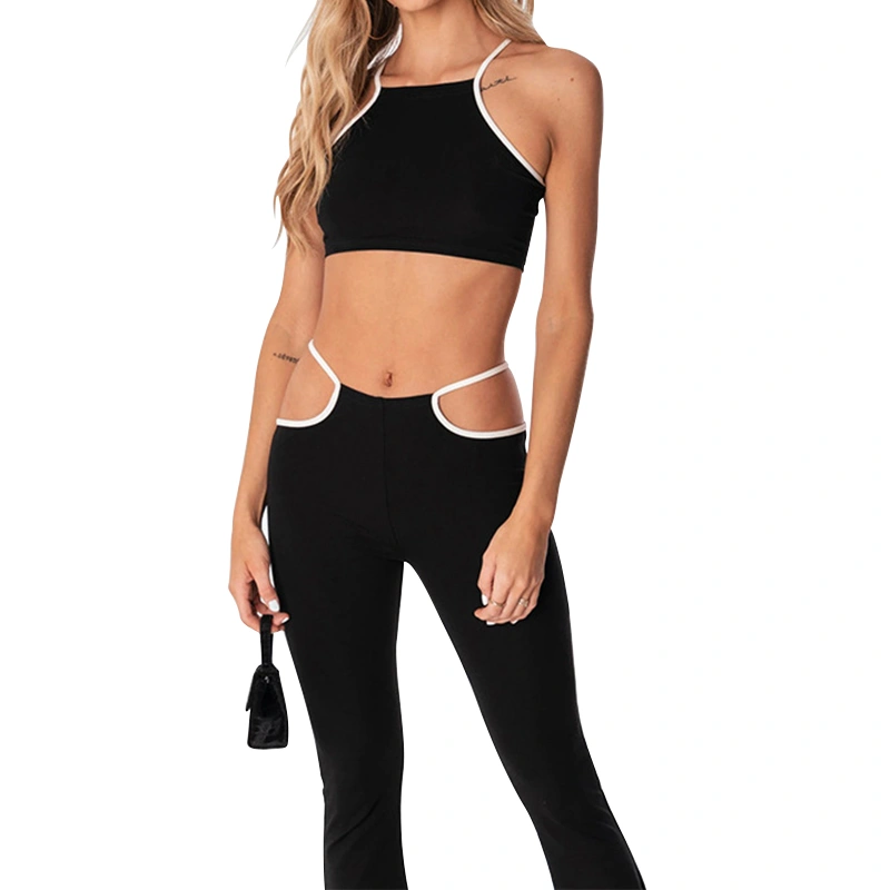 Women Tracksuit, Splicing Crop Tops + High-Waist Hollow-Out Pants