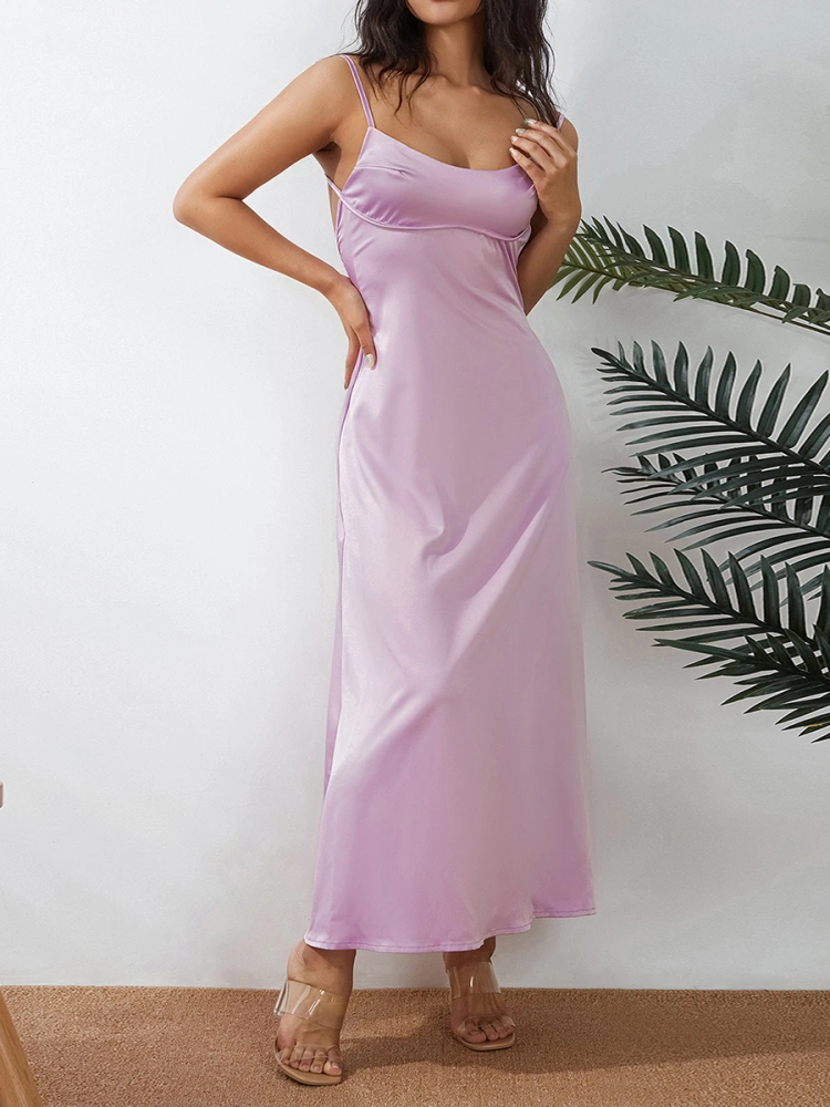 Ladies Silky Slip Dress, Solid Color V-neck Backless Slim Long Skirt