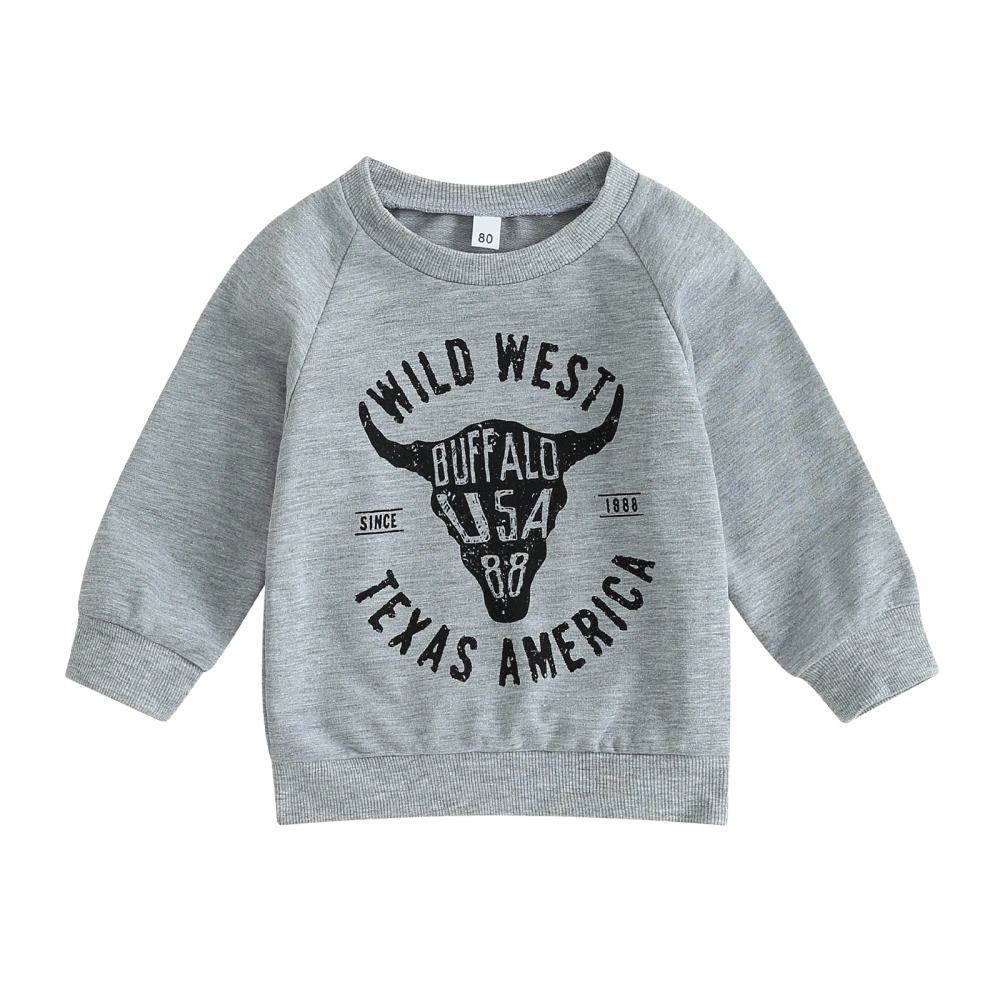 Toddler Boys Gray Long Sleeve Letter & Cattle Head Print Pullover