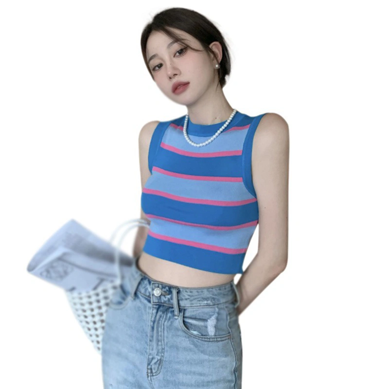 Women Short Vest Shirt Sleeveless Round Neck Knitting Striped Tops