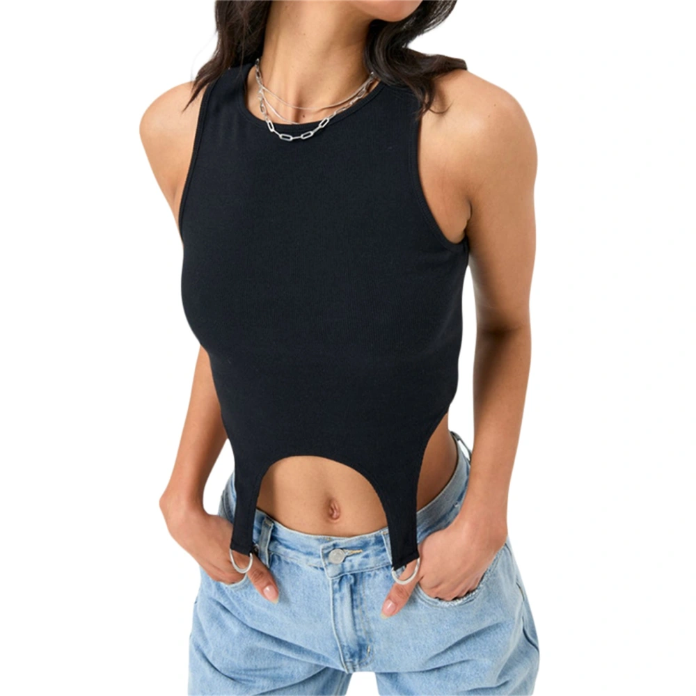 Women's Crew Neck Tank Tops, Sleeveless Pure Color Buckles Vest