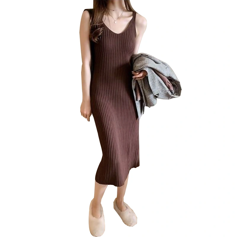 Women Knit Dress Sleeveless V Neck Elastic Sling Casual Street Midi