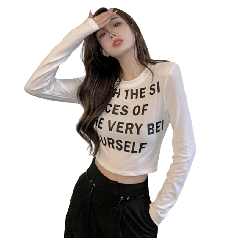 Women Wild Crop Tops Letter Print Round Neck Long Sleeve T-Shirts