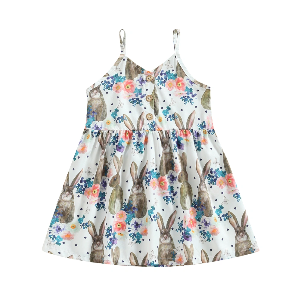 Kids Girl Sleeveless V Neck Floral Rabbit Print Princess A-Lined Dress