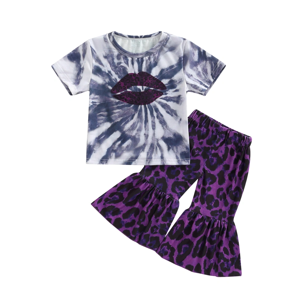 Girls Trousers Lips Short Sleeves Tops + Leopard Print Flared Pants