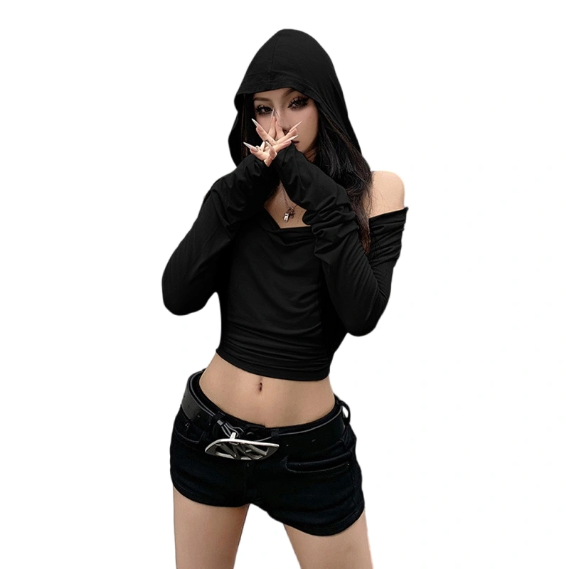 Women Crop Tops Summer V  Neck Solid Color Slim Fit Hooded Shirt