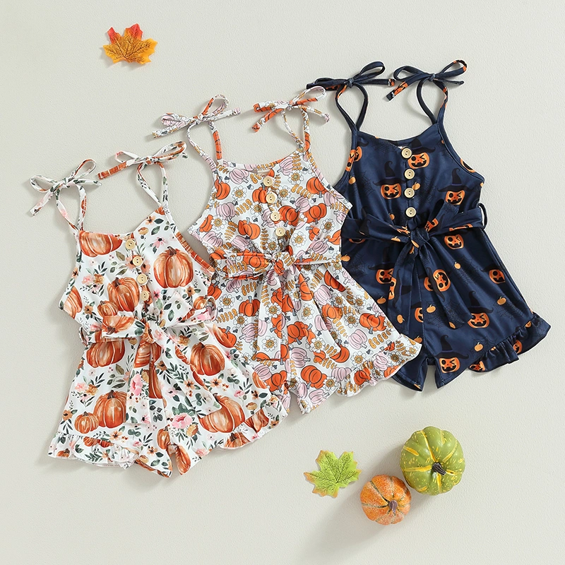 Baby Girls Fall Romper Sleeveless Pumpkin Print Belted Jumpsuit Shorts