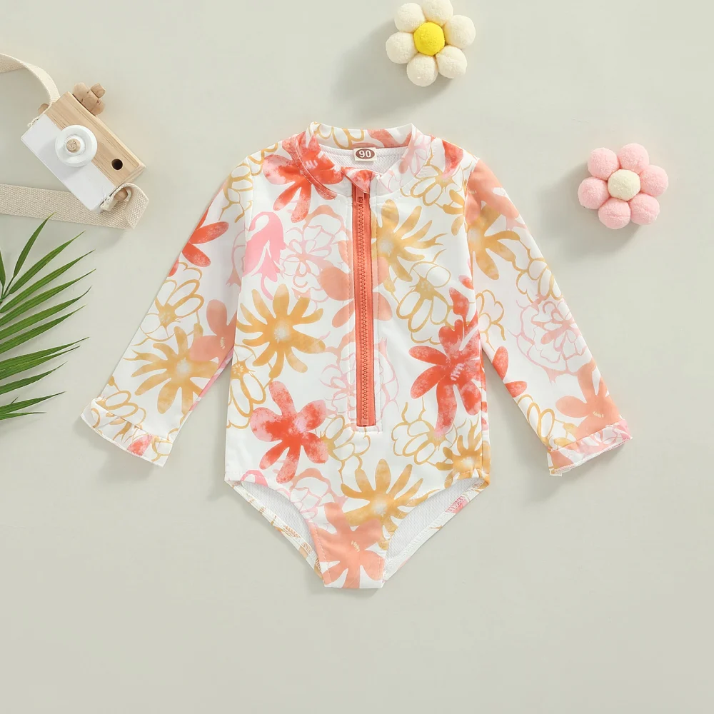 Girl’s Flower Printed Zipper Round Neck Long Sleeve One-Piece Swimsuit