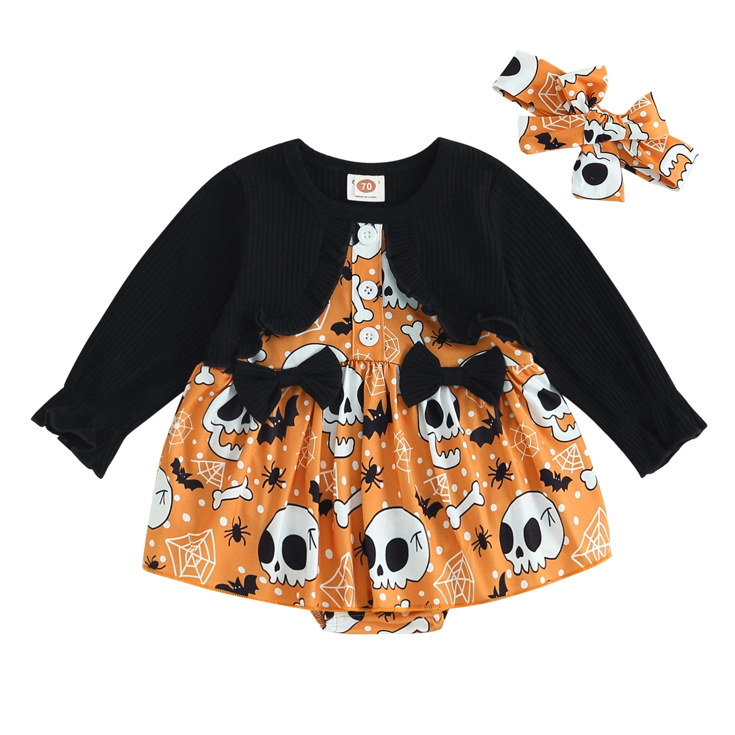 Baby Girl 2Pcs Halloween Outfits Skull Print Romper with Headband Set