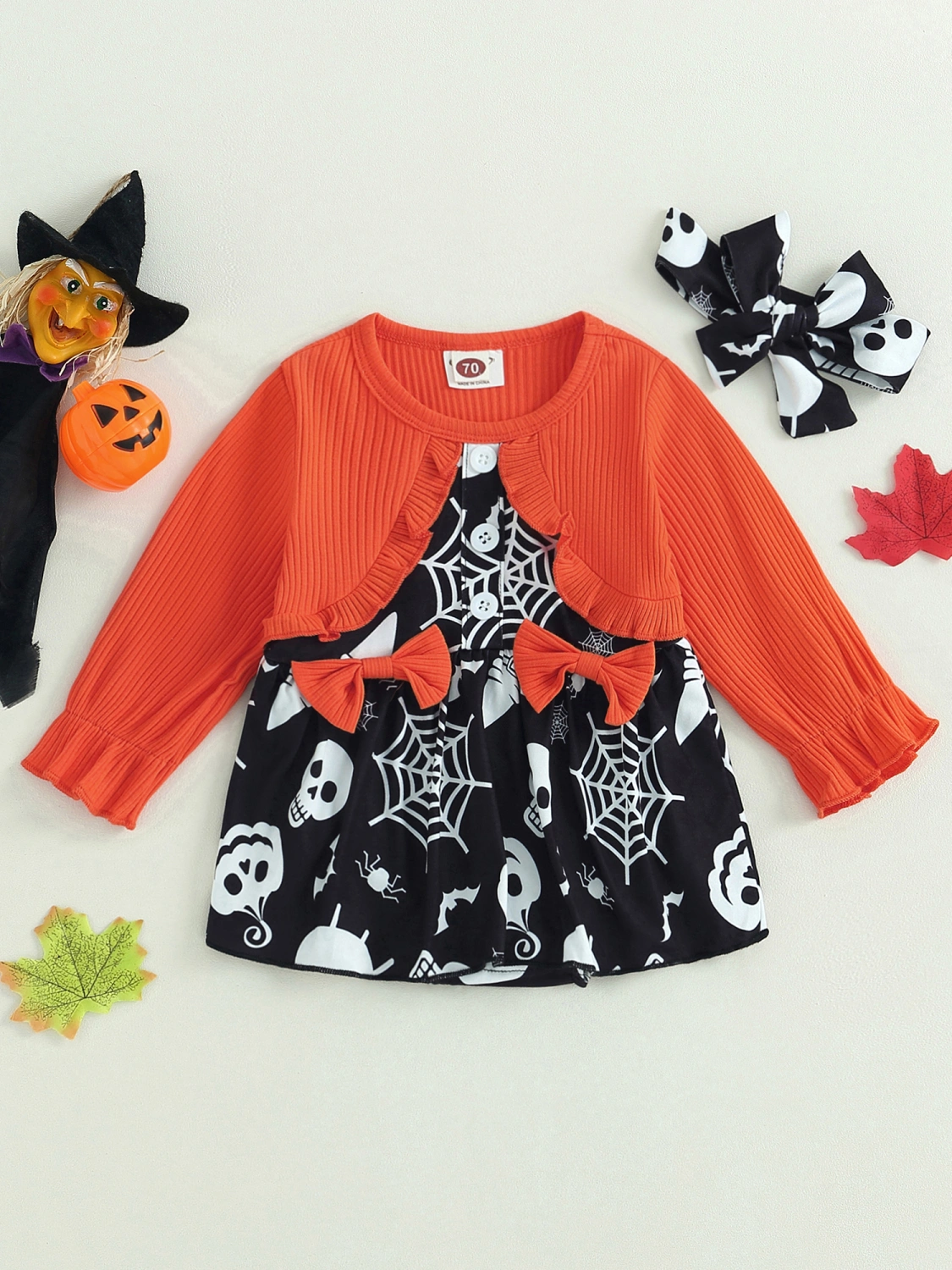 Baby Girl 2Pcs Halloween Outfits Skull Print Romper with Headband Set
