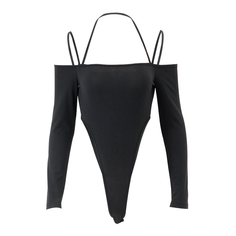 Women’s Halter Bodysuit, Long Sleeve Spaghetti Strap Leotard Tops